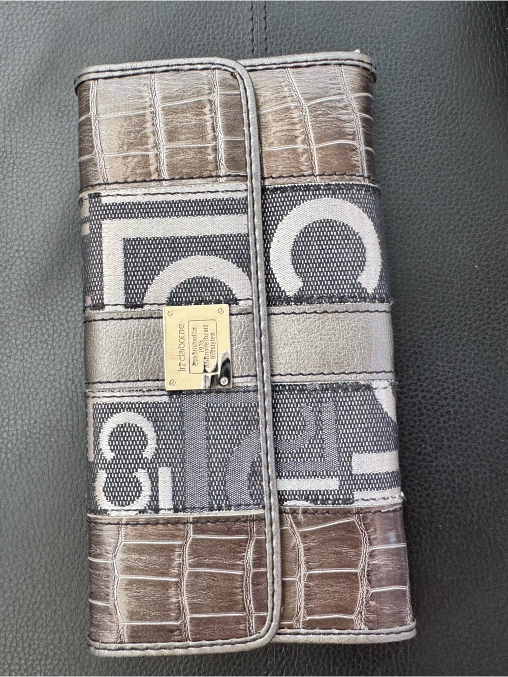 Vintage Liz Claiborne Grey Croc-Accent Wallet Clutch